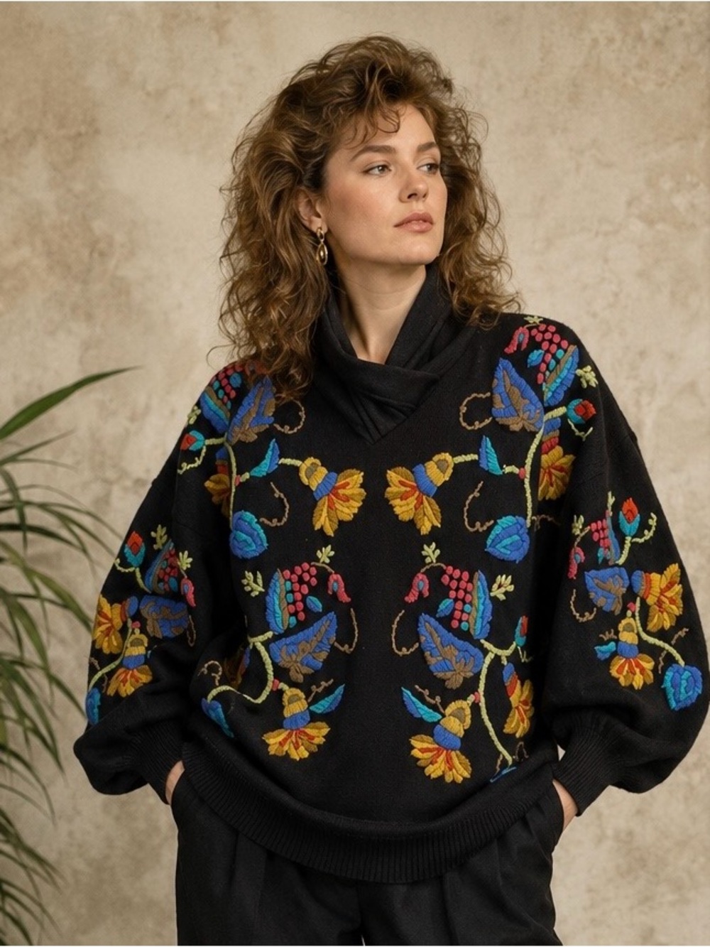 Vintage 1988 Bonnie Boerer Black Floral Embroidered Cowl Neck Sweater Size M